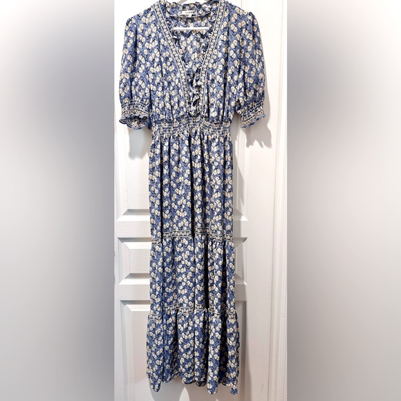 NWT Max Studio Ruffle Collar Print Tiered French Blue/Marigold Floral Maxi Dress - Picture 2 of 9